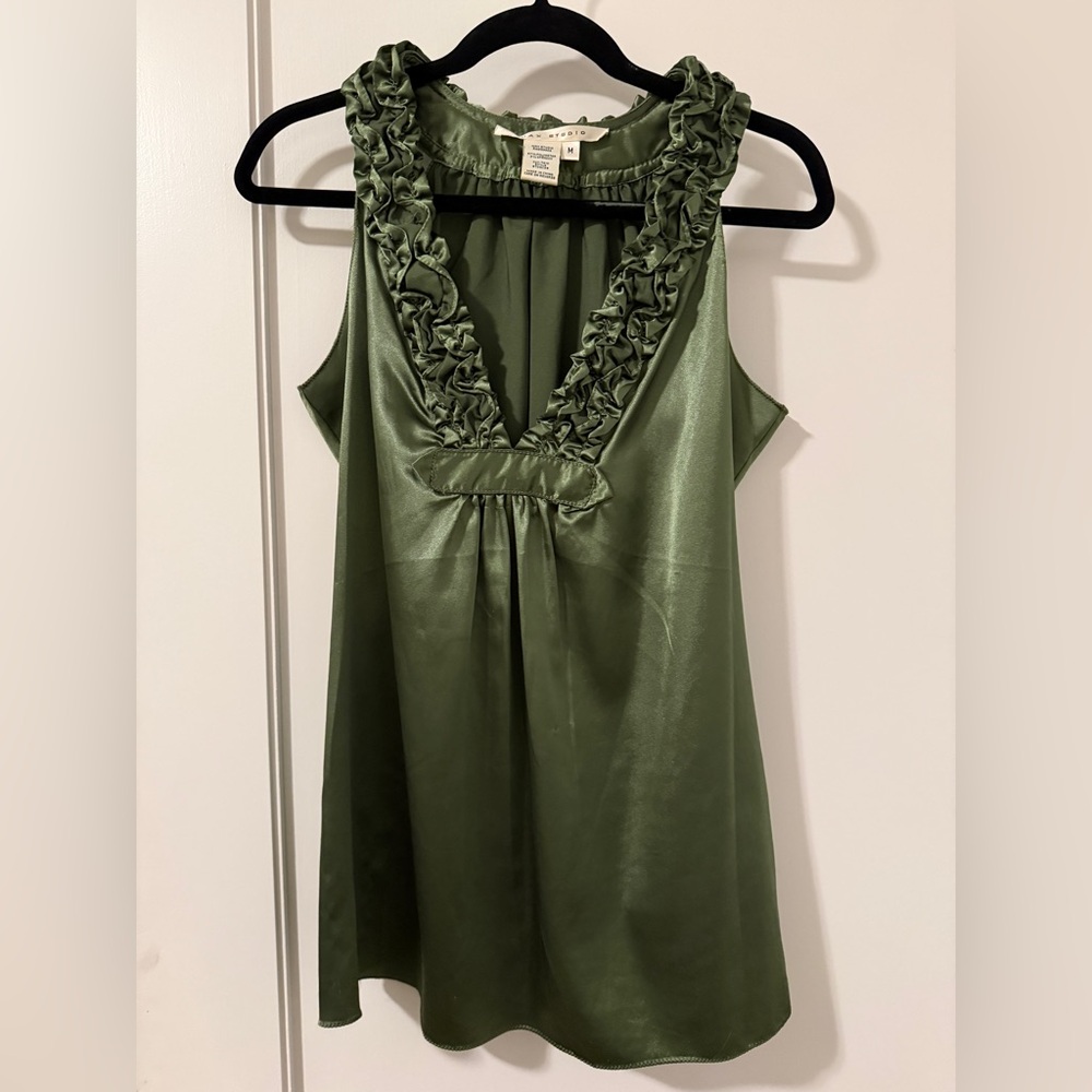 Max Studio satin deep V neck tank top, Olive green